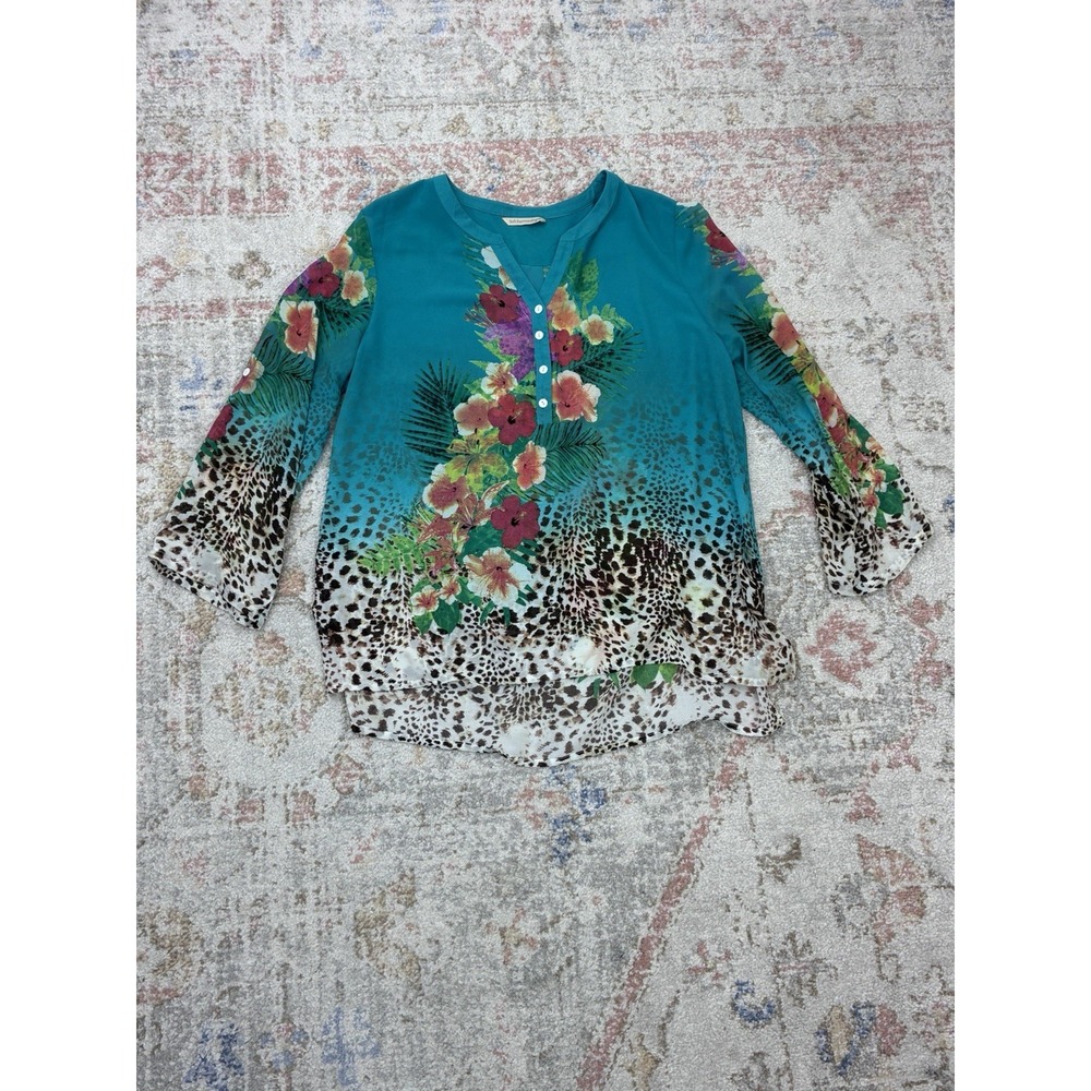 Soft Surroundings Cruise Wear Tropical Flower Animal Print V-Neck Chiffon Top